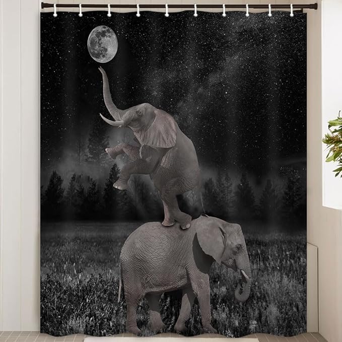 Boziqr Funny Shower Curtains for Bathroom, Cute Elephant Moon Forest Bath Curtain, Rustic Farmhouse Decor Polyester Fabric Fun Cool Animals Black 60 x 70 Inches