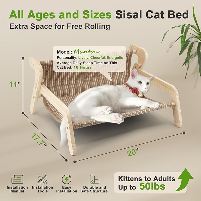 Sisal Cat Bed, Large Cat Beds for Indoor Cats, Easy Clean Sisal Scratcher and Sturdy Natural Wood Cat Couch&hammock Comfy Rustic Cat Furniture for Living Room Bedroom, All Age Up to 50Lbs（21" x 18"）