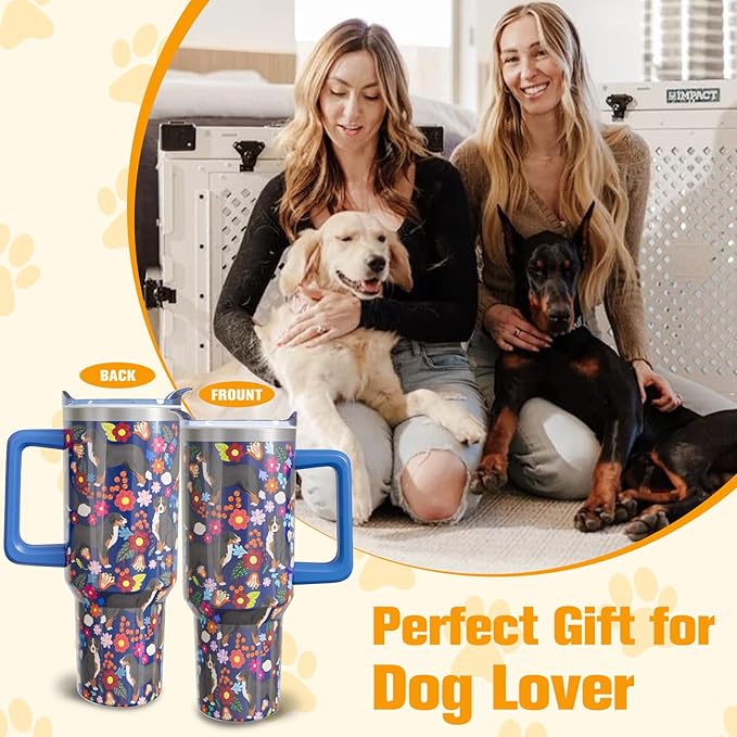 Bernese Mountain Dog Gifts for Women Lovers 40 oz Floral Bernese Mountain Tumblers with Handle and Straw, Stainless Steel Vacuum Insulated Travel Coffee Mug Cup Water Bottle