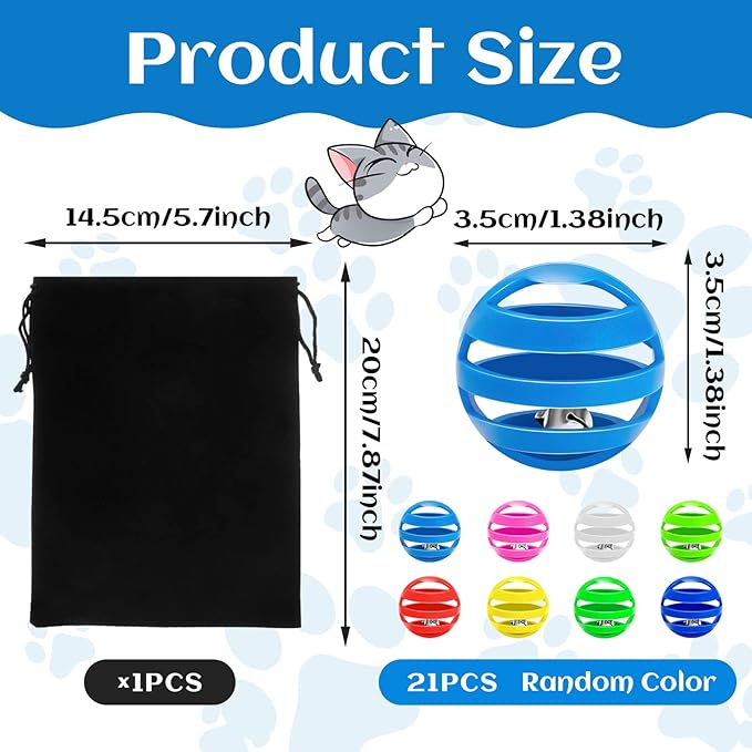 Kasyat 21 Pieces Plastic Cat Balls with Bells Bulk Cat Toys Balls Inside Kitten Chase Toys Lattice Bell Balls Cat Pounce Rattle Ball with Black Plush Drawstring Bag for Cat Exercise and Play Indoor