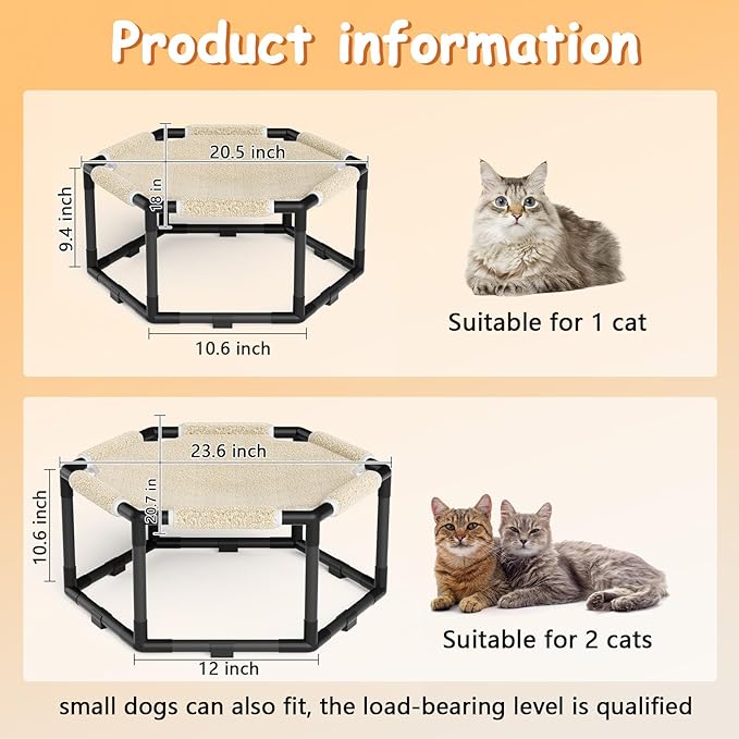 Tresbro Cat Bed, Hexagon Warm Elevated Cat Bed with Thick Teddy Velvet & Anti-Slip Pads, Raised Cat Hammock Bed for Indoor and Outdoor Use, 23.6'' x 10.6'' x 12'' Cat Hammock for Large to Small Cats