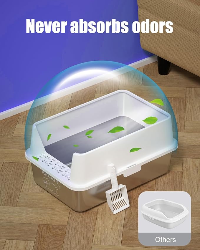 2PACK Stainless Steel Litter Box, Metal Litter Box with Lid High Sides, XL Extra Large Litter Box for Big Cats, Never Absorbs Odors, Leak-Proof, Stain-Free, Easy to Clean, Scoop Included（White）