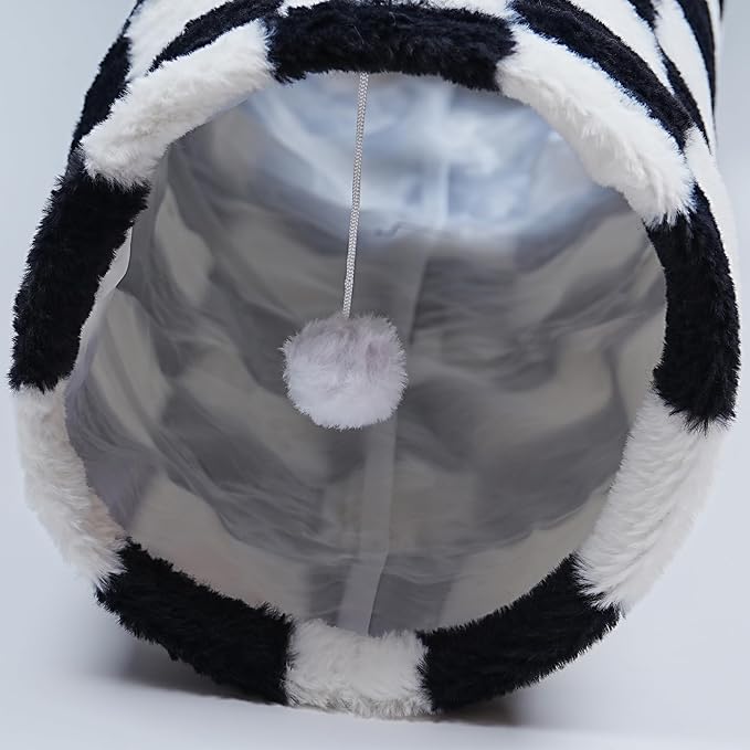 Luxurious Cat Tunnel,43" Straight Cat Tunnel Bed with Balls,Cat Toys for Indoor Cats,Collapsible Peekaboo Cat Cave for Kitten Toys（White and Black）
