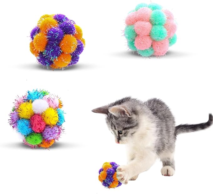 TUSATIY Cat Toys Balls with Bells 3PCS, Color Cat Pom Pom Balls,Tinsel Sparkle Balls,Interactive Toy for Indoor Cats Kitten
