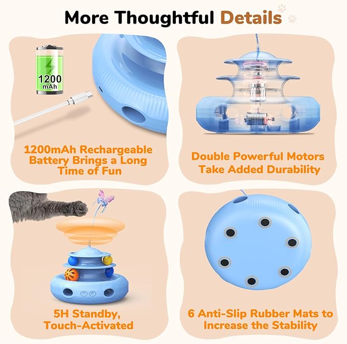 Cat Toys, 4-in-1 Rechargeable Automatic Interactive Cat Toy with Fluttering Butterfly, Random Moving Ambush Feather, Two-Tier Track Balls, 5H Smart Standby, Touch-Activated (Blue)