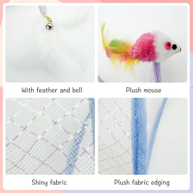 Andiker Folded Cat Tunnel Spring Toy, 10inch Spiral Cat Tunnels Toy with White Feather&Plush Mice&Bell 3 in 1 Folded Cat Tubes Interactive Cat Toys for Indoor Cats to Exercise, Relax (Yellow, L)