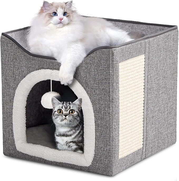 Cat House for Indoor Cat with Scratching Post, Cat Beds for Indoor Cats, Covered Cat Cave Beds & Furniture, Foldable Cat Hideaway, 16x16x15 inches, Grey