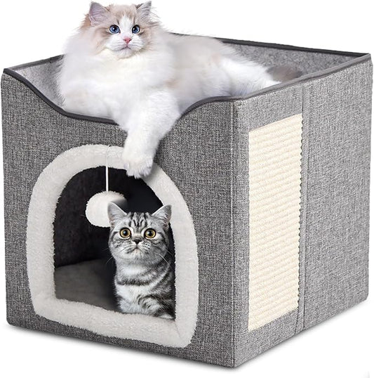 Cat House for Indoor Cat with Scratching Post, Cat Beds for Indoor Cats, Covered Cat Cave Beds & Furniture, Foldable Cat Hideaway, 16x16x15 inches, Grey
