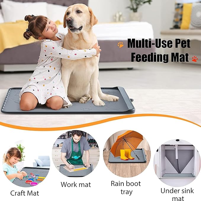 Silicone Pet Feeding Mat with Raised Edge for Food and Water, Dog Cat Food Mats Contain Spills Protects Floors, Dog Cat Bowls Placemat with High Lip for Floor Waterproof, Pets Accessories 19"x12"