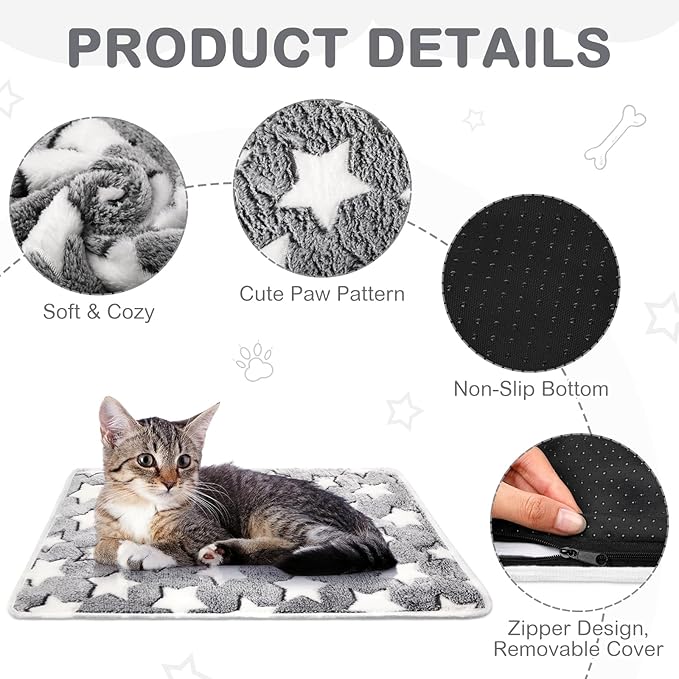 2 Pack Self Warming Cat Bed Pet Self Heating Pad Cat Warming Bed Mat 16 x 20 Inch Thermal Cat Mat Washable Reflects Body Heat Removable Cover for Indoor Outdoor Feral Pet (Gray White Star)