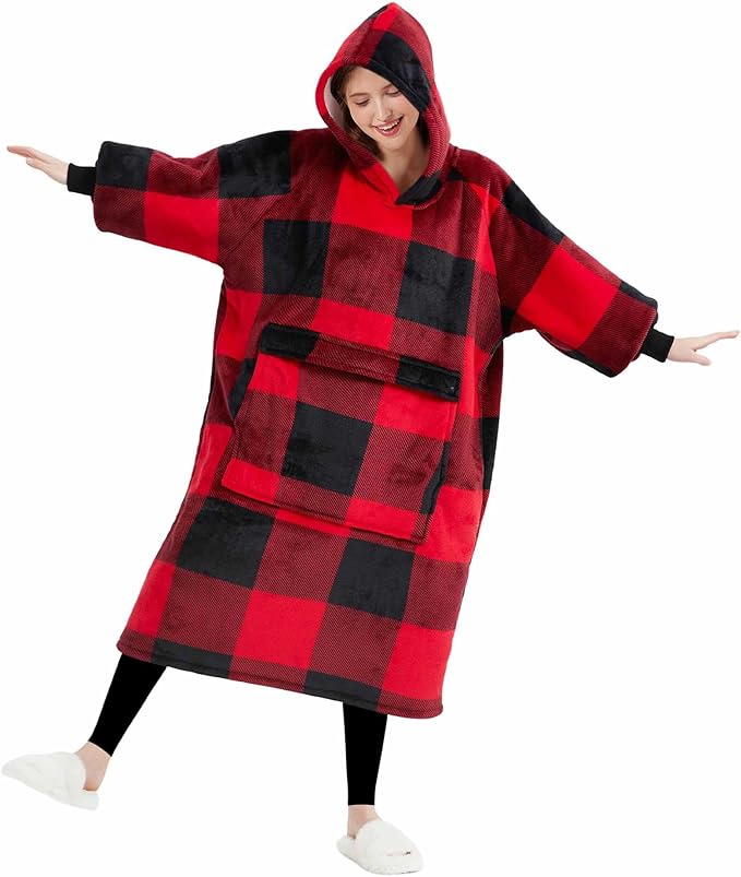 KFUBUO Wearable Blanket Hoodie for Adult Long Sherpa All Patterns Red Plaid Oversized Hoodie Sweatshirt Blanket Christmas Gift Ideas