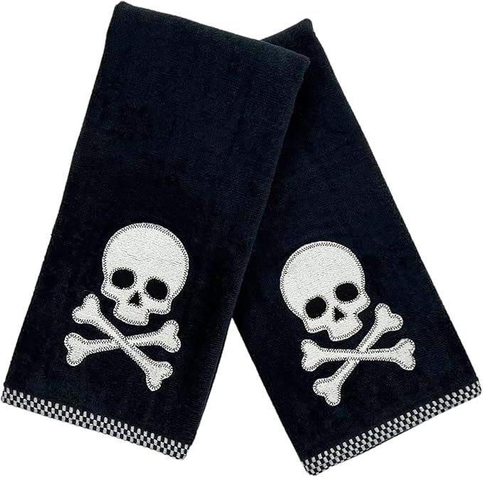 Halloween Hand Bathroom Towels Set of 2-16” x 25” Embroidered Skull and Crossbones Design - Soft Black Cotton Decorative Kitchen Bath Holiday Decor