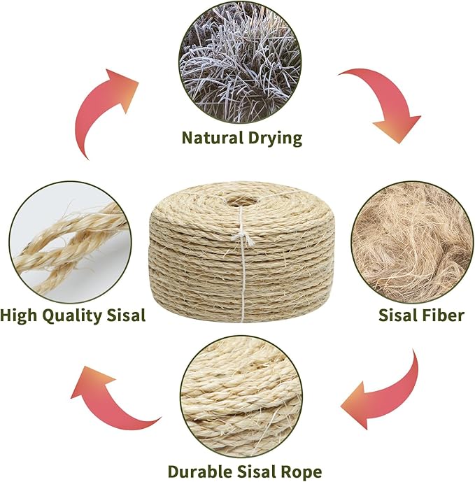 1/6 Inch Natural Sisal Rope, 164-Feet, 50m, for Cat Scratching Post, Tower, DIY Hemp Twine, Replacement, Sisal Fiber, Biodegradable, 4mm Diameter