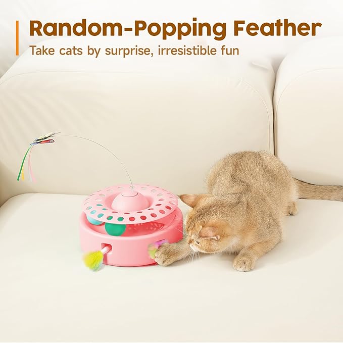 Potaroma Cat Toys 3-in-1 Automatic Interactive Kitten Toy, Fluttering Butterfly, Random Moving Ambush Feather, Track Balls, Dual Power Supplies, USB Powered, Indoor Exercise Cat Kicker (Pink)