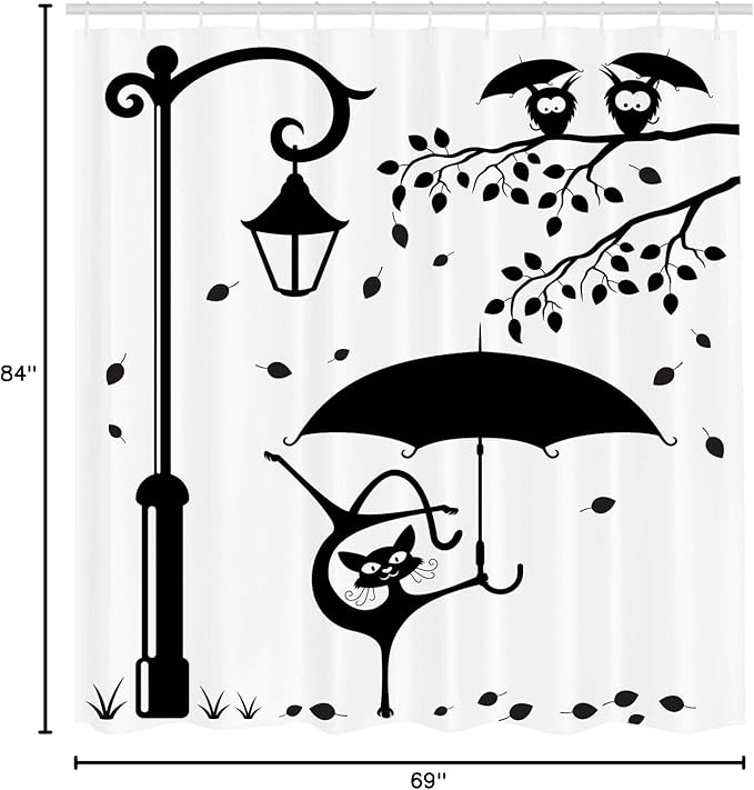 Ambesonne Cat Shower Curtain, Funny Kitty with Umbrella Dancing Under Street Lamp in Town Urban Humorous Print, Cloth Fabric Bathroom Decor Set with Hooks, 69" W x 84" L, White and Black