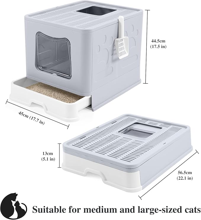 Bolux Foldable Cat Litter Box with Lid, Extra Large Litter Box with Cat Litter Scoop, Drawer Type Cat Litter Pan Easy to Scoop & Low Tracking (Grey XL)