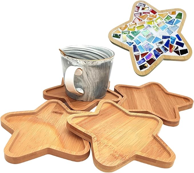 4PCS Mosaic Bamboo Coasters for Crafts, Blank Base Trays, Drinking Cup Coaster, Plant Coaster, Art Plate,DIY Mosaic Supplies (Star)