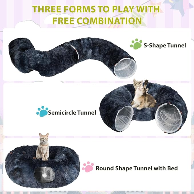 KOMUSMO Cat Tunnel Bed with Central Mat and Hanging Ball Toy, Multifunctional Large Cat Bed Cave Donut for Indoor Cats, Soft Plush Fluffy Collapsible Peekaboo Cave for Small Medium Large Cats Kittens