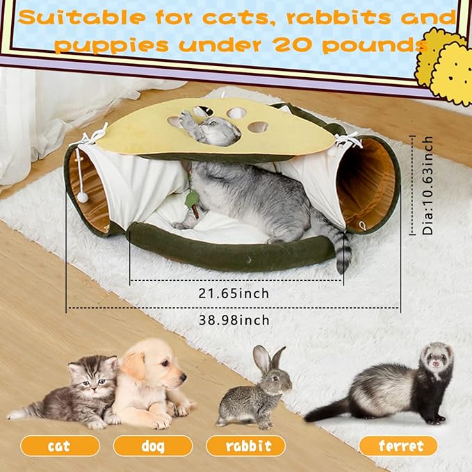 2-in-1 Collapsible Cat Tunnel for Indoor Cat Bed and Hideout for Pet Dog Rabbit Bunny Ferret Tunnel Tubes Toys with Removable Washable Mat, Cat Tower Wheel Stuff