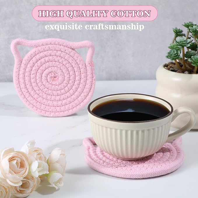 2Pcs Pink Cute Coasters for Desk, Cat Ear Shaped Coasters for Office Hot Tea Drink Juice, Handmade Fabric Table Protect Wooden Table Coffee Bar Decor