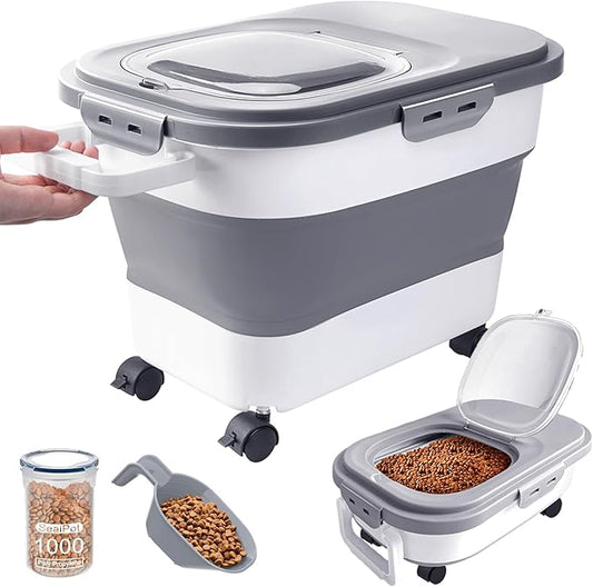 15-23 Lbs Airtight Dog Food Storage Container,Collapsible Dog Food Container with Lid,Wheels,Handle,Large Cat food storage Container with Scoop,Small Food Container for Dog Cat