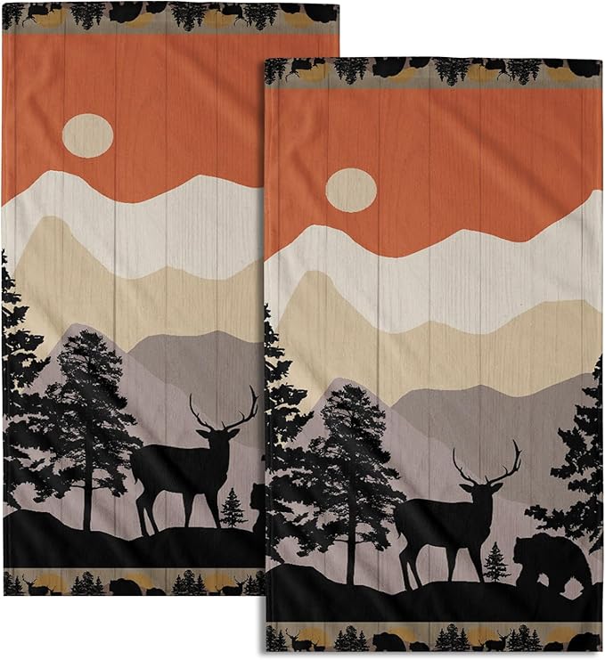 Rustic Bear Deer Hand Towels Forest Woodland Bath Towel Set of 2 Soft Kitchen Dish Towels Decorative Bathroom Towels for Face Guest Gym