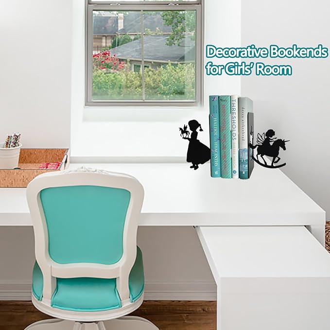 Bookends for Kids, Princess Book Ends for Girl's Room Unicorn Book Ends Angel Bookends - Book Holder for Baby Nursery Books, Gifts for Brides (A Pair)