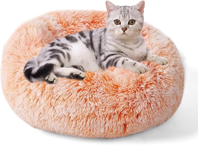 Aurako Cat Bed Dog Bed Round Cushion Pet Bed Mat Ultra Soft Plush Donut Sofa Comfortable Pillow Machine Washable Pet Cuddle Beds for Kitten Small Medium Large Dogs Cats 16" Orange and White