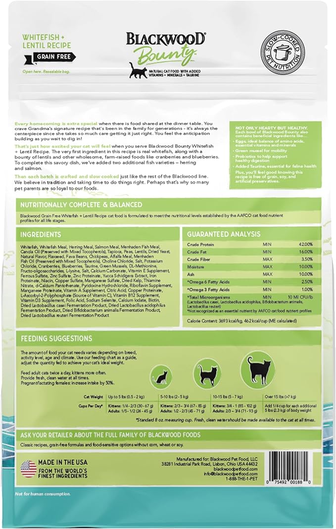 Blackwood Bounty Grain Free Cat Food, Whitefish and Lentil Recipe, 4.5 lb. Bag