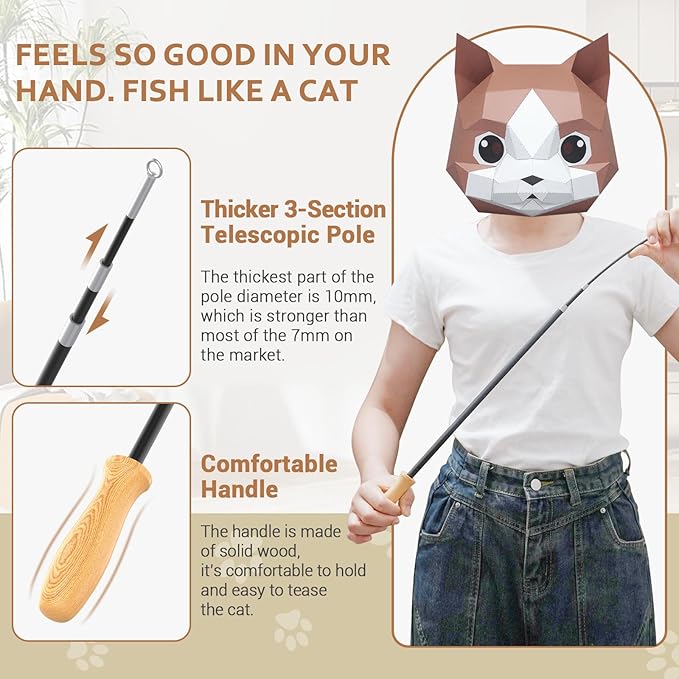 ROSAUI Cat Teaser Wand Toys, Interactive Bird Toys for Indoor Kittens, 43’’ Long cat Fishing Pole Toys, 2pcs Wires and 5pcs Natural Refills, Sustainable Wooden Handles, Exercising, Playing