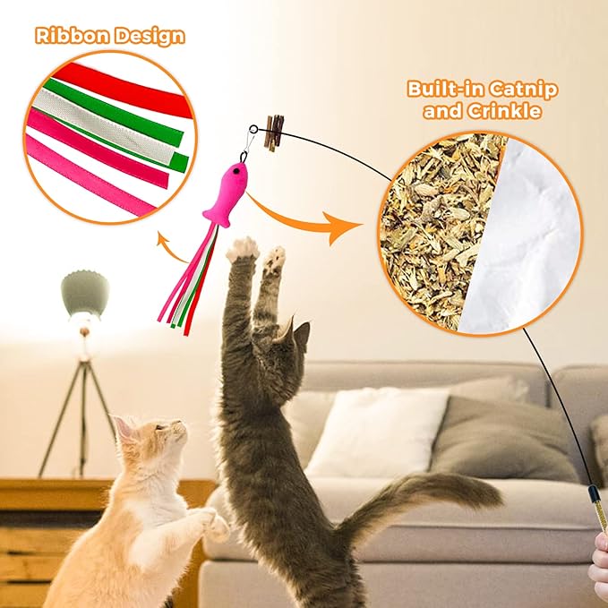 Cat Wand Toy, Cat Feather Toys with Silvervine & Bells, 2 * Cat Teaser Wand & 6 * Teaser Refills, Extra Long 38.5" Wire Cat Wand, Cat Toy for Indoor Cats & Kitten & Kitty
