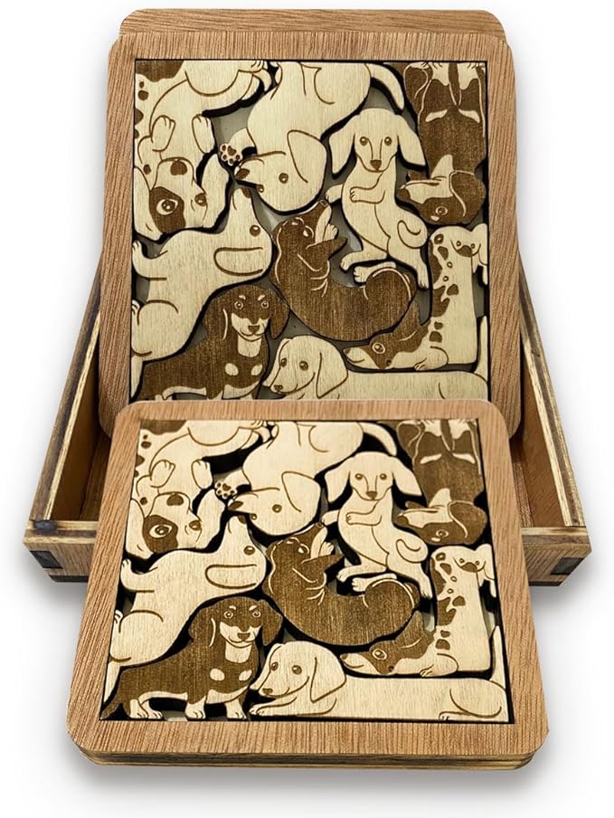 02 Dachshund Dog Coaster - Dachshund Dog Puzzle Wooden Coaster Set - Interlocking Jigsaw Drink Mats with Laser-Cut Design for Dachshund Lovers (Dachshund Dog)