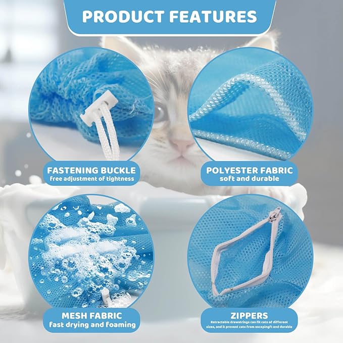 Cat Bathing Bag Anti Scratch and Bite, Cat Shower Bag Soft Mesh Net Bag for Small/Medium/Large Cats Restraint Grooming Nail Trimming Washing - Blue
