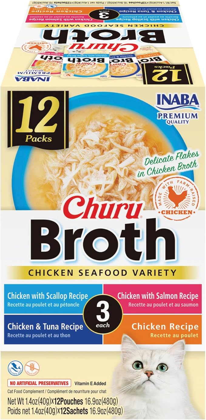 INABA Churu Broth for Cats, Creamy Broth with Shredded Chicken Side Dish Pouch, 1.4 Ounces per Pouch, 12 Pouches, Chicken & Seafood Variety