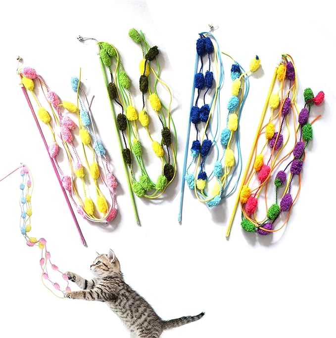 IUHKBH Cat Toys, 4 Pcs Plush Srtip Cat Wands Interactive Cat Teasing Stick Vibrant Cat Teaser Wands with Bell for Cat Kitten Having Fun Exerciser Playing
