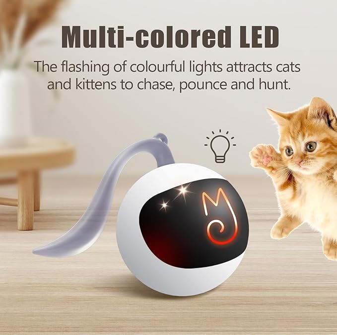 Migipaws Interactive Cat Ball Toy Set, Fun Tracker, Automatic Rolling Chase Ball with Fluffy Tail, A Small Mice, Rechargeable（White）
