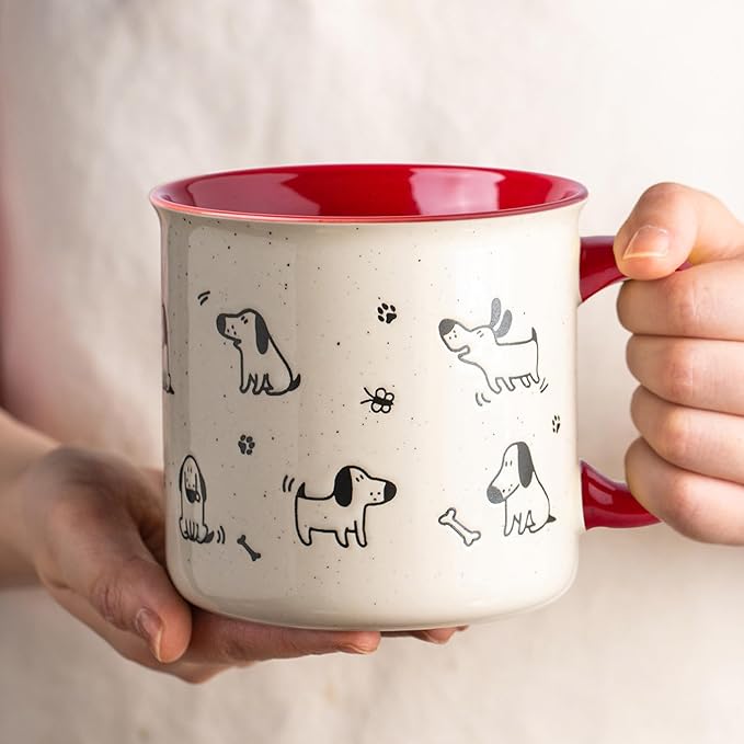 AmorArc 22 OZ Large Ceramic Coffee Mugs Set of 2, Oversized Mugs With Big Handle for Men Women Dad Mom, Big Mug With Textured Dogs Cats Patterns for Office & Home -Microwave Safe, 2 Pcs-Red