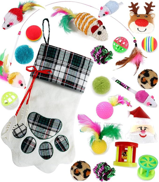 Cat Christmas Stocking with Toys for Cats and Kitten, Cat Christmas Stocking Stuffers 22 Assorted Toys Gift Set, Medium Breeds
