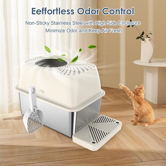8" Deep Stainless Steel Litter Box with Lid, Top Entry Litter Box for Dog-Proof, Covered Cat Litter Box with Filter Footboard & Scoop, Odor Control, Anti-Leakage, Non-Sticky, Easy Cleaning (Ivory)