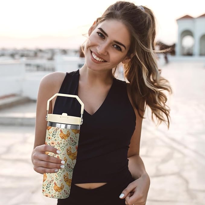 30 Oz Chicken Tumbler with Handle and Straw, Insulated Rooster Cup Gifts for Chicken Lovers Women, Double Wall Stainless Steel Chicken Mugs, Chicken Travel Mug Chicken Gifts for Women