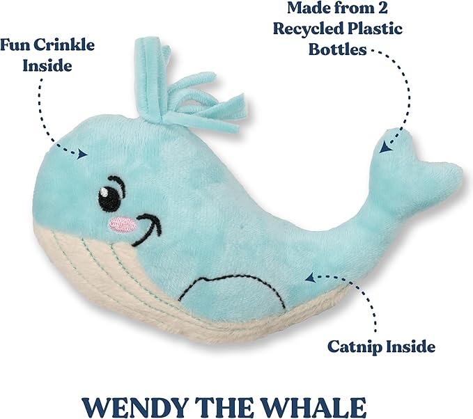 Stuffed Animal Cat Toy | Ocean Collection | Whale Kicker Toy for Indoor Cats | Cute Interactive Plush Toys for Swatting and Playing| Made of Eco-Friendly Materials - Go Green!