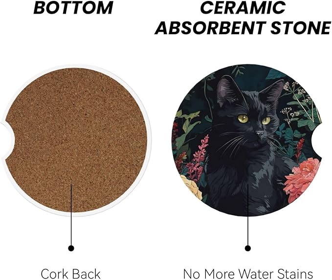 Absorbent Ceramic Car Coasters for Cup Holders, Vintage Flower Black Cat Design 2.56" Anti Slip Universal Drink Cup Coasters for Women Men (2 Pack)
