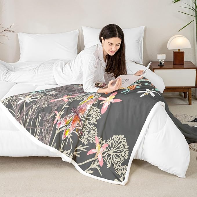 Feelyou Dragonfly Sherpa Blanket Throw 50x60 Inches Botanical Floral Fleece Throw Blanket for Kids Girls Teens Women Bedroom Decor Nature Animals Branches for Sofa Bed Couch Grey
