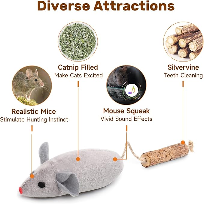 Potaroma Cat Toys 3Pcs Squeak Mice, Interactive Catnip Silvervine Animals Toys for Indoor Kittens, Dental Matatabi Cat Nip Chirping Toy, Cat Chew Exercise Toy for All Breeds and Species