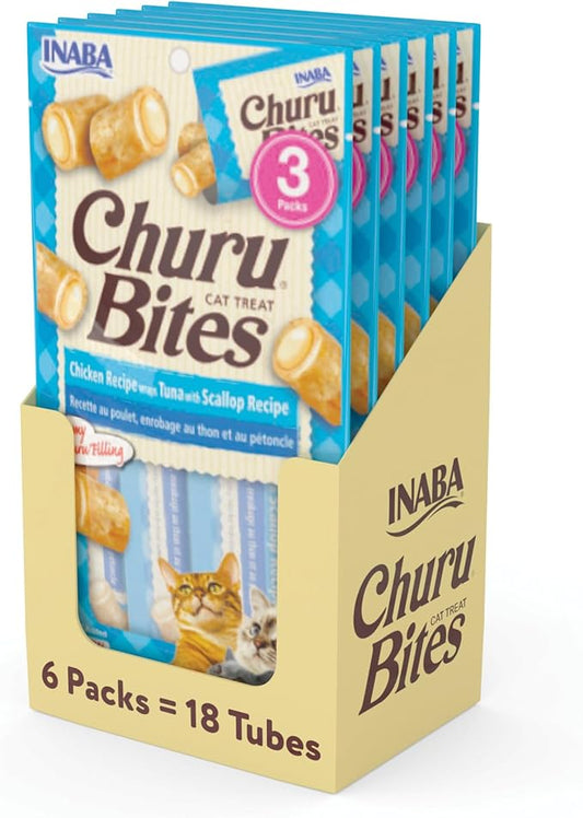 INABA Churu Bites for Cats, Soft Baked Chicken Churu Filled Cat Treats with Green Tea Extract, 0.35 Ounces Each Tube, 18 Tubes Total (3 per Pack), Tuna with Scallop Recipe