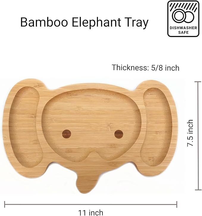4914, Bamboo Food Plate for Snacks Appetizer Fruit Vegetable | Children Meal Plate | Picnic Kitchen Party | Divided Two Compartment Plate, Elephant Face Shaped, 11.5"x7.5", 1 Pack