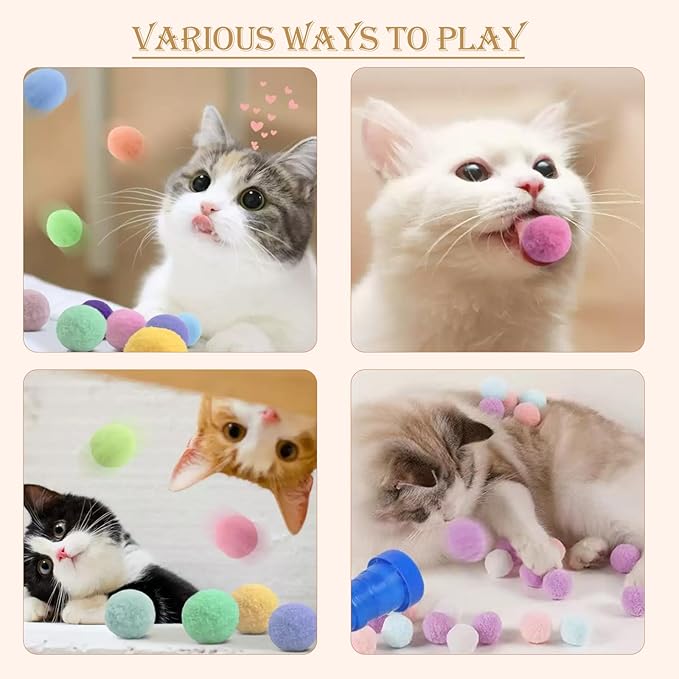 Cat Toy Ball Launcher, 100PCS 1.18 inch Plush Pompom Balls and 1 Cat Ball Toy Launcher, Interactive Kitten Toys for Indoor Cats, Colorful Soft Cat Balls, Great for Training, Play and Hunting