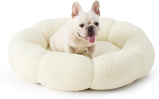 Lesure Calming Medium Dog Bed - Flower Donut Round Fluffy Puppy Bed in Plush Teddy Sherpa, Non-Slip Cute Flower Cat Beds for Indoor Cats, Medium Pet Bed Fits up to 45 lbs, Machine Washable, Cream 30"