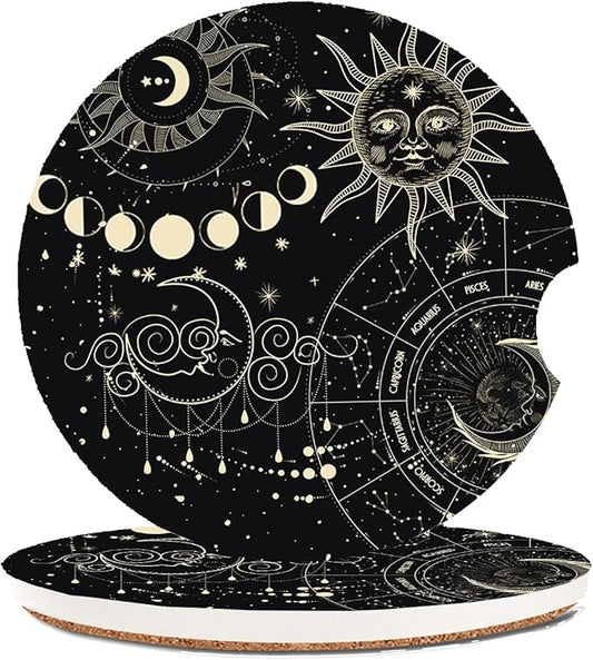 Absorbent Car Coasters 2 Pack for Cup Holders, 2.56" Ceramic Stone & Non-Scratch Cork Base Drink Coasters(Moon and Sun)