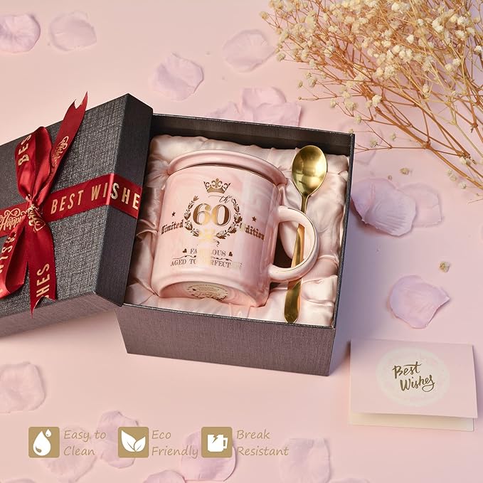 60th Birthday Gifts for Women - Fabulous 1965 Aged to Perfection Happy Birthday Mug - Limited Edition 60th Pink Coffee Mug Printed with Gold, Gift Idea for Turning 60 Years Old Women, Gift Boxed